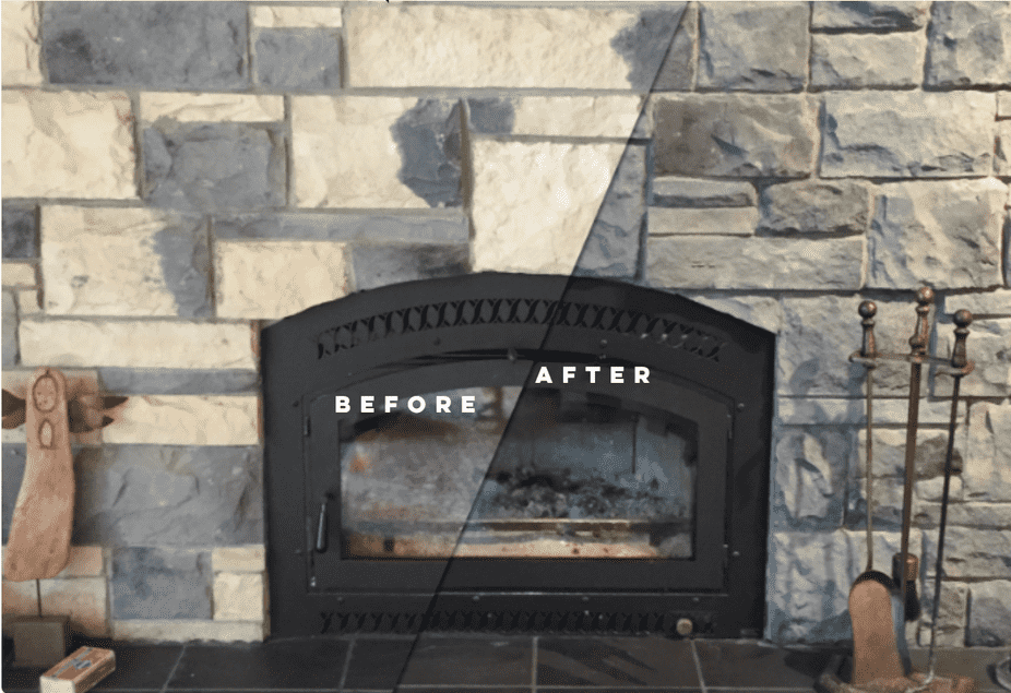 Fireplace brick staining before and after — orange brick transformed to charcoal gray, Portland OR