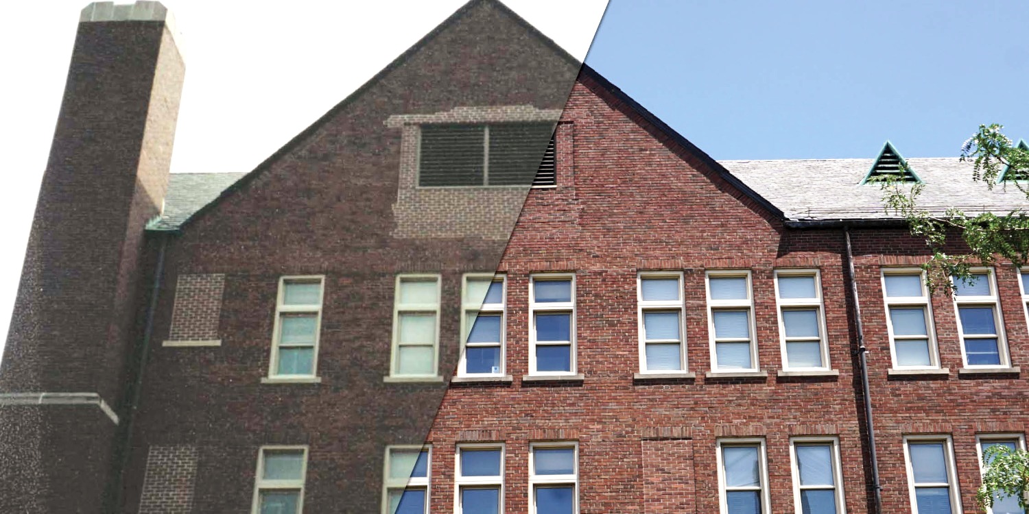 Same brick staining job in year 2000 vs 2019 — no fading, no peeling