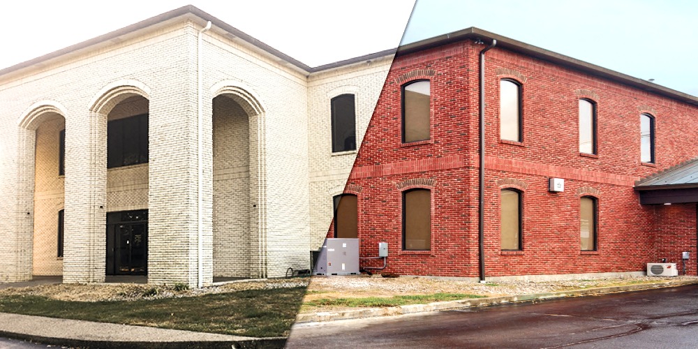 Exterior brick home before and after staining — full color transformation